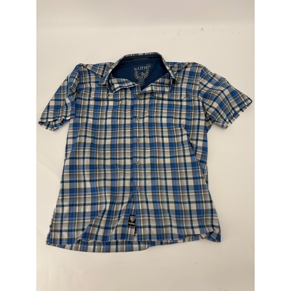 Kuhl Eluxur Blue Plaid Short Sleeve Button Down Hiking Shirt Mens Medium